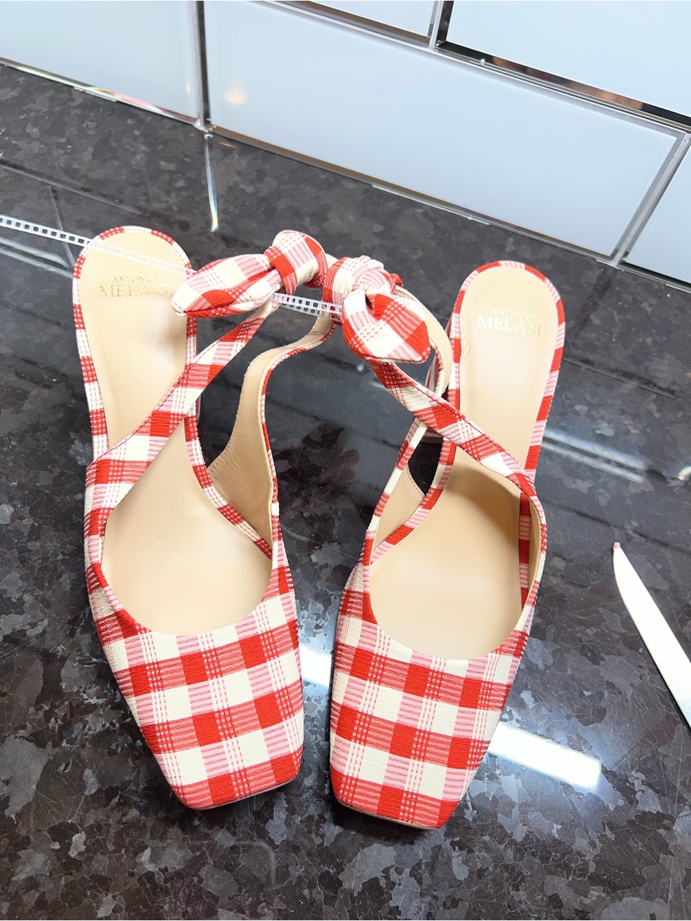 Antonio Melani Red Gingham Block Heel Sandals – New